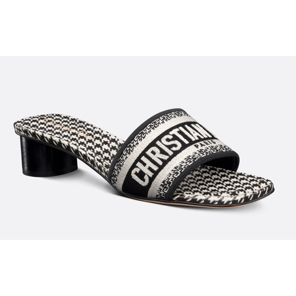 Christian Dior Dway Heeled Slide Black White Houndstooth Logo Heel Sandal 38 - Picture 1 of 16